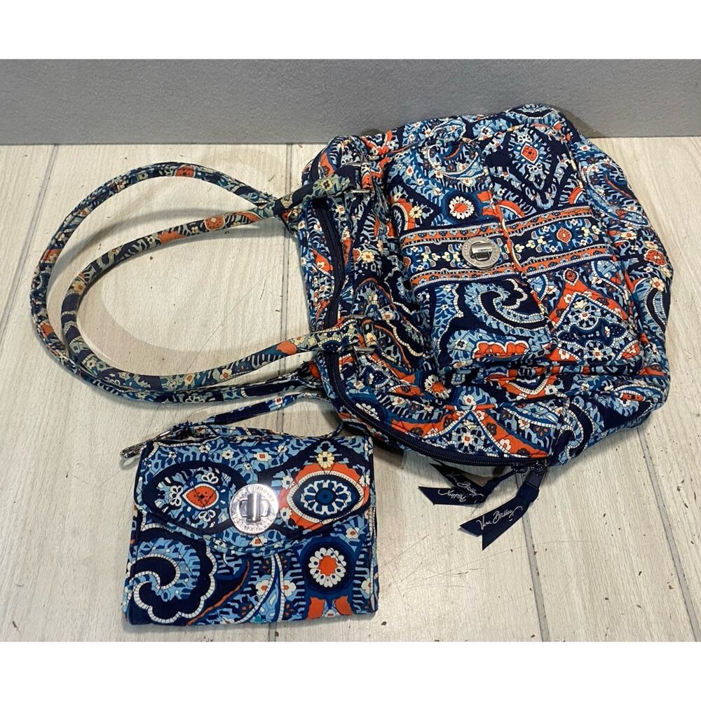 Vera Bradley Quilted Tote Bag Marrakesh Blue & Orange & Matching Wallet